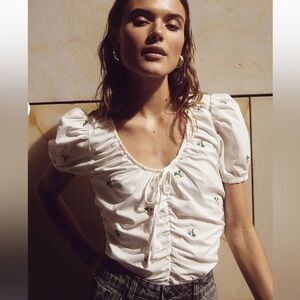 Noella Samantha Blouse top off White Floral Puff Sleeve embroidered